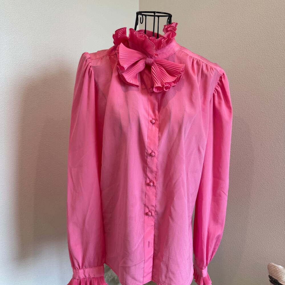 Malbe Vintage Hot Pink Pleated Ruffle Secretary Blouse Removable Bow Size 11/12